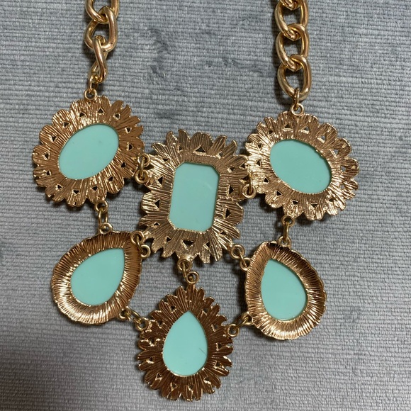 Vintage goldtone bib necklace with turquoise cabochons 11-13”,like new - Picture 8 of 8